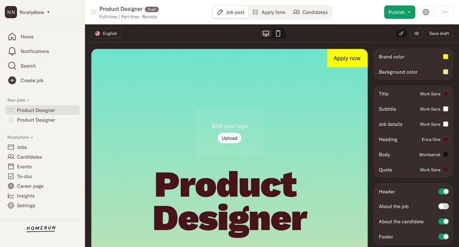 Homerun
			 sidebar navigation file upload wysiwyg editor call to action sidebar create menu career jobs job modern version history ui page example