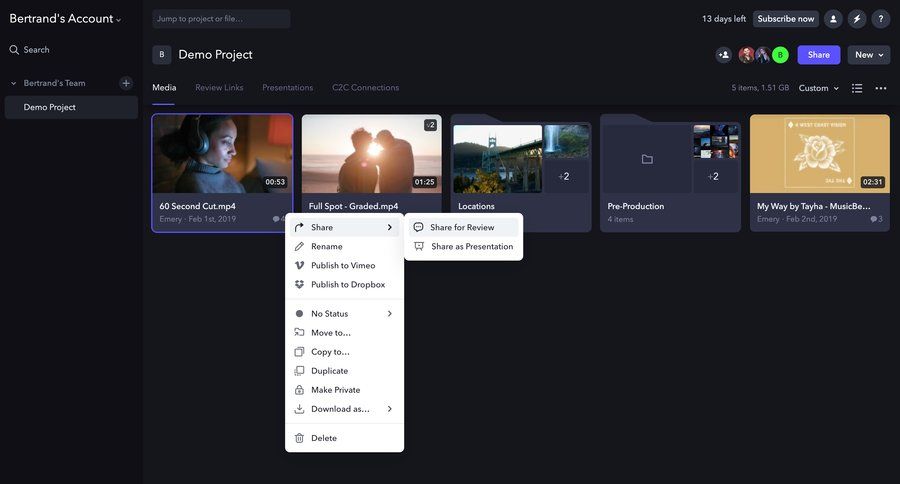 Frame.io
			 content management collaboration project management grid video management delete file management project organization dark theme rounded corners sidebar menu download duplicate sharing ui page example