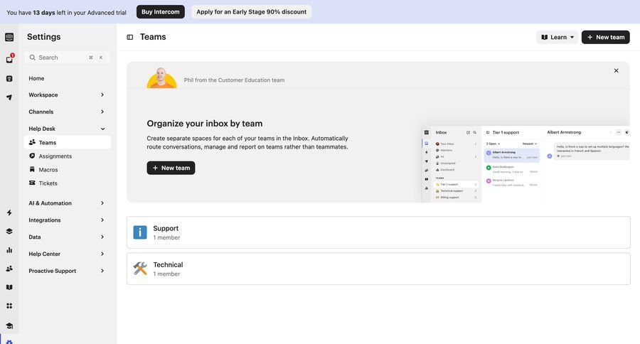 Intercom
			 configuration settings team collaboration sidebar navigation team creation navigating settings sidebar modern crm dashboard advanced search customer support chat ui page example