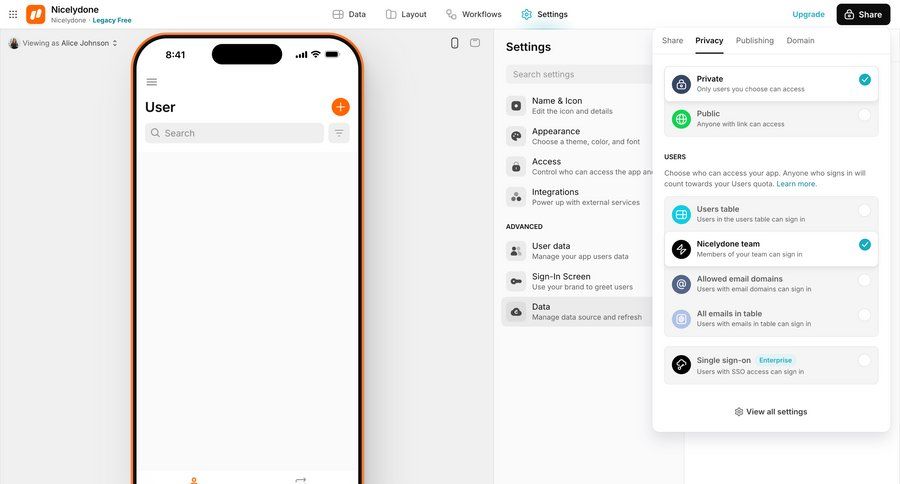 Glide
			 settings user management access control privacy settings ui page example