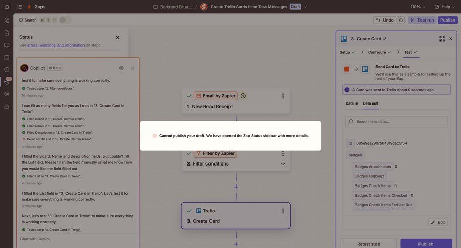 Zapier
			 modal screen configuration workflow form automation progress indicator data mapping conversational ui workflow creation workflow configuration workflow screen workflow steps sidebar alert integration ui page example