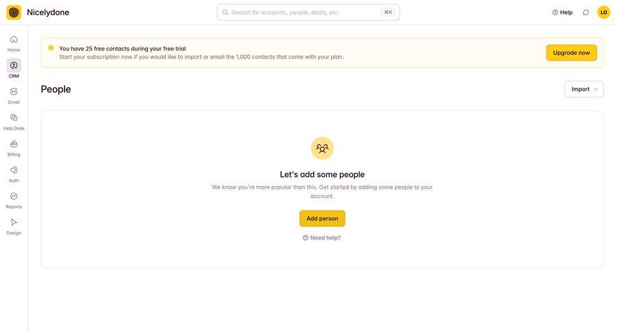 Outseta
			 sidebar navigation onboarding full-screen layout empty state message call to action sidebar alert search bar ui page example