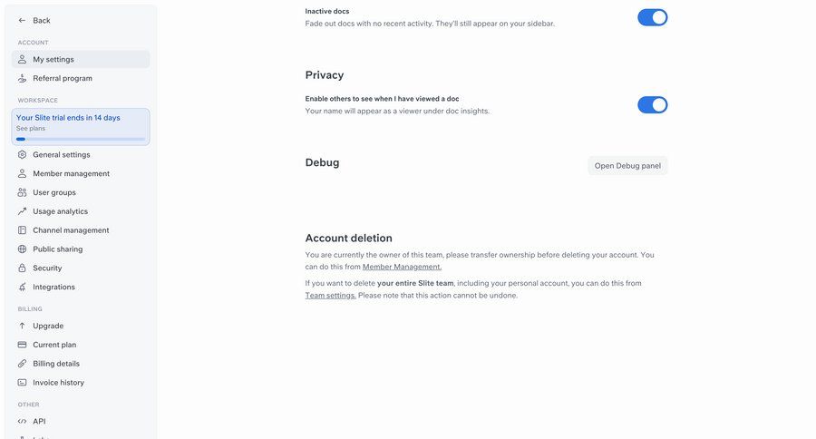 Slite
			settings billing account settings team settings workspace settings settings sidebar navigation account management account deletion sidebar ui page example