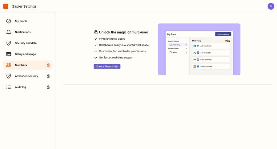 Zapier
			settings team upgrade your account team settings settings team collaboration dashboard sidebar navigation automation account setup full-screen layout ui page example