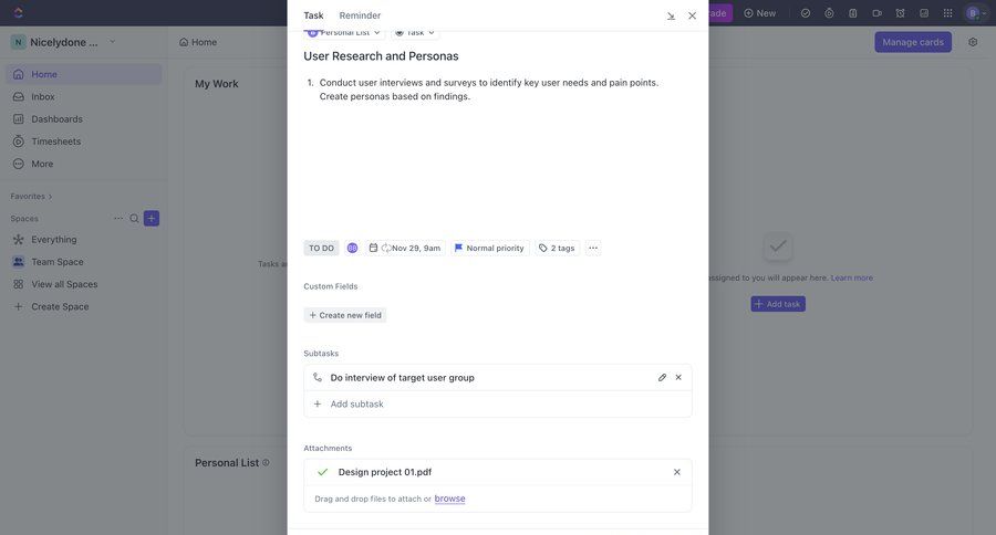 ClickUp
			 task management project management form user research file upload drag & drop sidebar menu ui page example