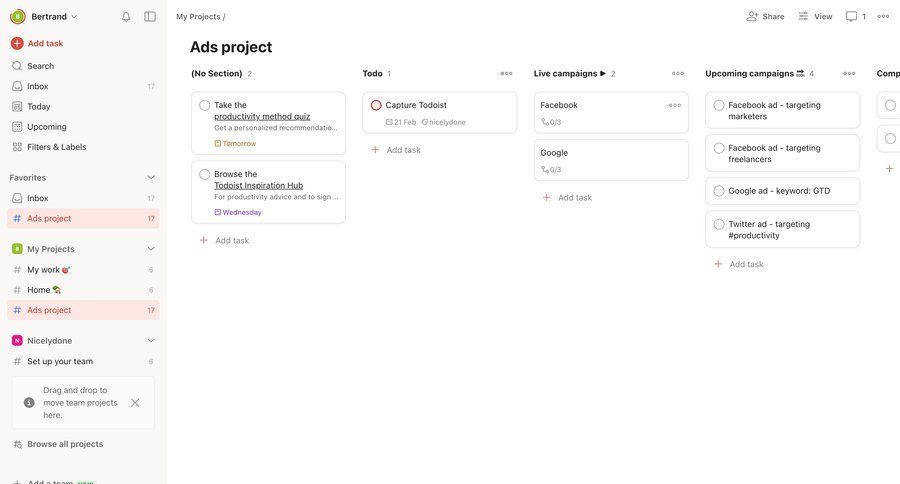 Todoist
			 task management dashboard sidebar navigation project management kanban board project organization drag & drop sidebar menu project dashboard ui page example