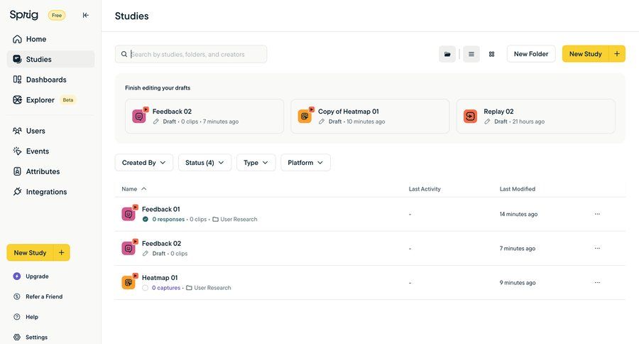 Sprig
			 dashboard sidebar navigation user research data analysis dropdown filters sidebar create menu modern table search bar controls search menu ui page example