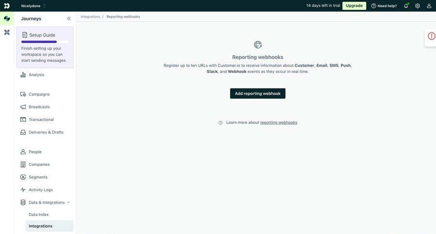 Customer.io
			 configuration settings sidebar navigation progress indicator account settings customer communication sidebar alert setup integration progress bar webhook management ui page example