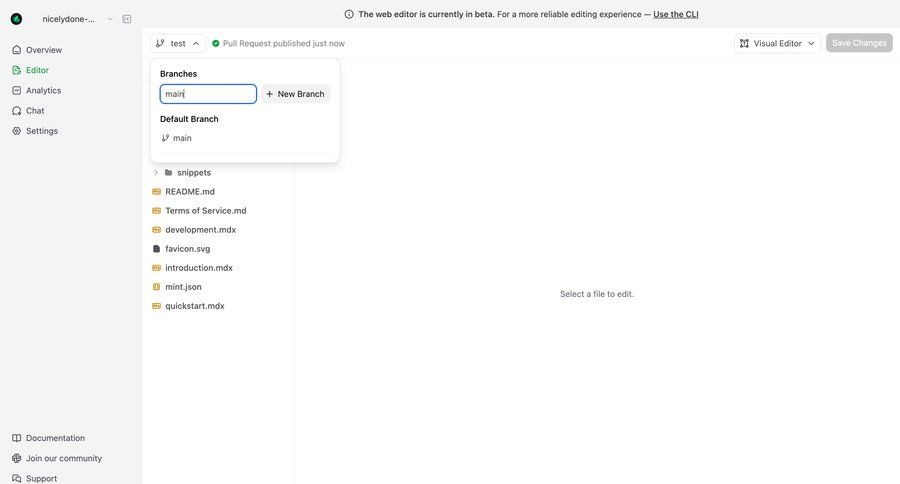 Mintlify
			 sidebar navigation editor file management file list screen code editing sidebar menu version control ui page example