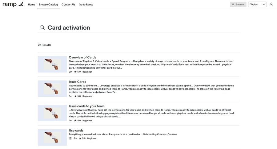 Ramp
			 onboarding finance guide cards ui search bar check out advanced search pay bill real-time editing search results ui page example
