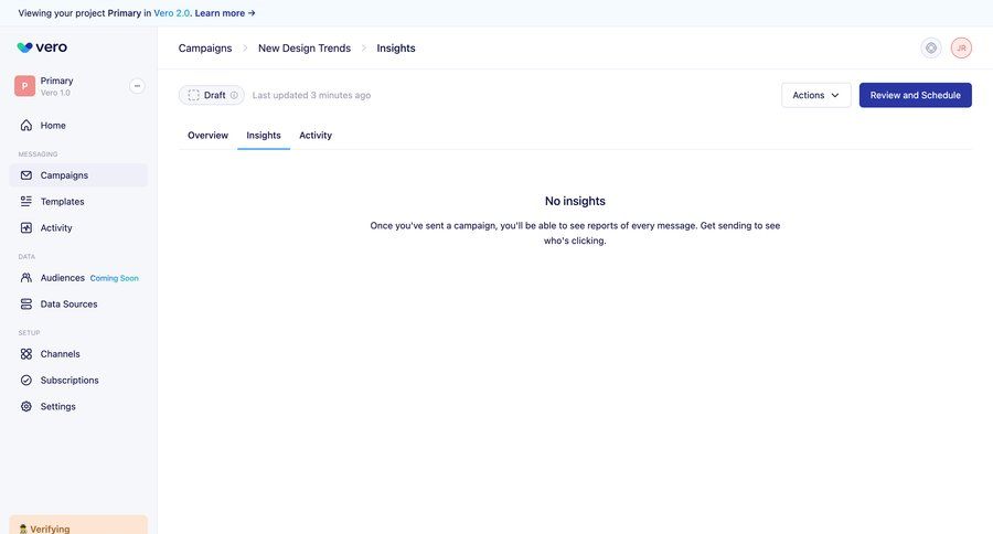Vero
			 schedule campaign management coming soon sidebar insight new recent activity social feed newsfeed activity stream crm dashboard review campaign creation ui page example