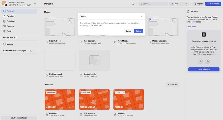 Rayon
			 modal screen content management collaboration dashboard sidebar navigation grid delete templates template library workspace management file management modal confirmation user invitation dropdown filters sidebar ui page example