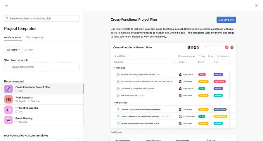 Asana
			 task management dashboard project management project setup customize template library template selection color palette table project dashboard ui page example
