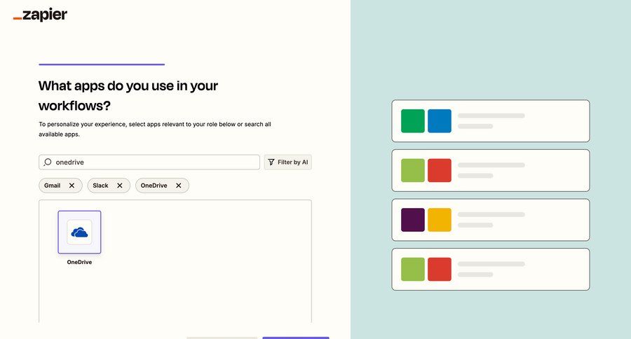 Zapier
			 workflow onboarding form search bar ui page example