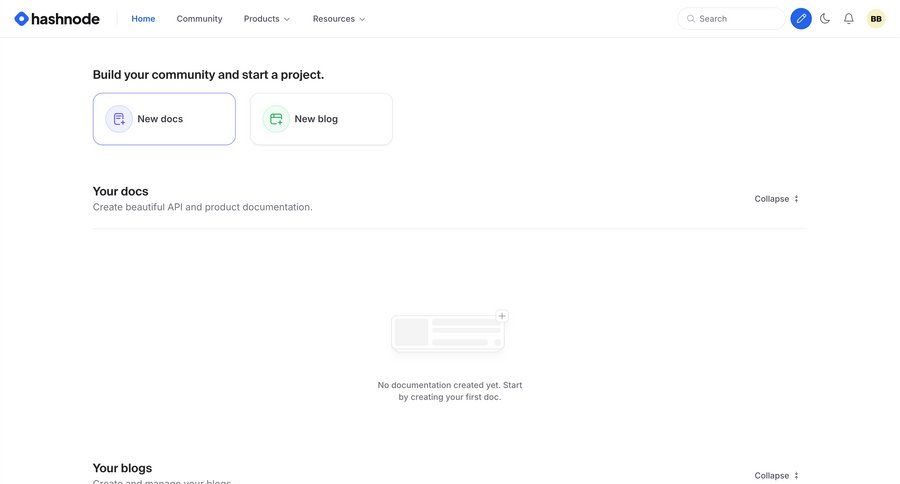 Hashnode
			 content management dashboard grid blog management call to action create navigation bar documentation ui page example