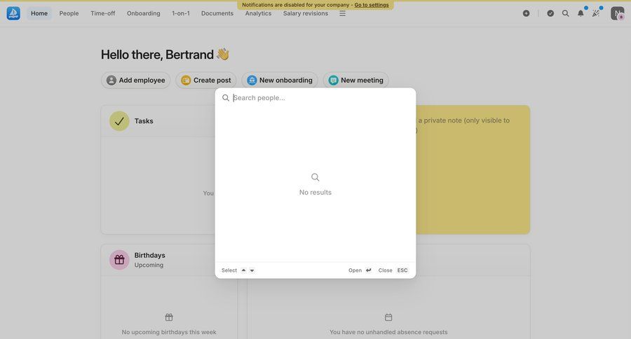 Aboard
			 keyboard shortcuts quick actions hris software global search ui page example