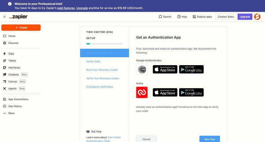 Zapier
			settings multi-factor authentication (mfa) account setup settings sidebar navigation onboarding account setup progress indicator authentication full-screen layout instructions security setup ui page example
