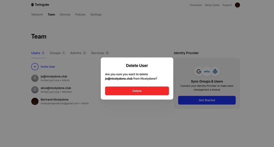 Twingate
			modal & popover remove teammate user settings user management account management user data ui page example