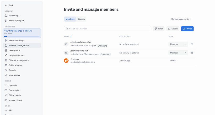 Slite
			 collaboration settings export table ui page example