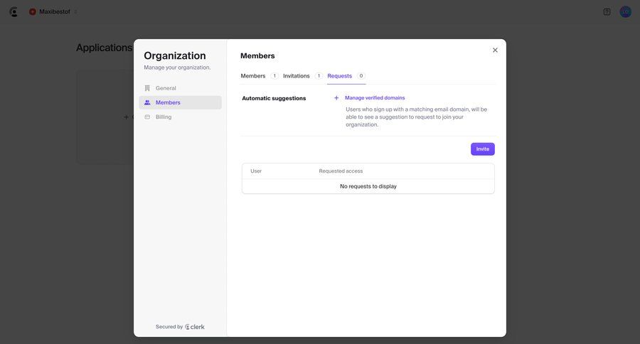 Clerk
			 settings team collaboration user management hierarchical content account setup access control user invitation personal space suggestion organization settings ui page example