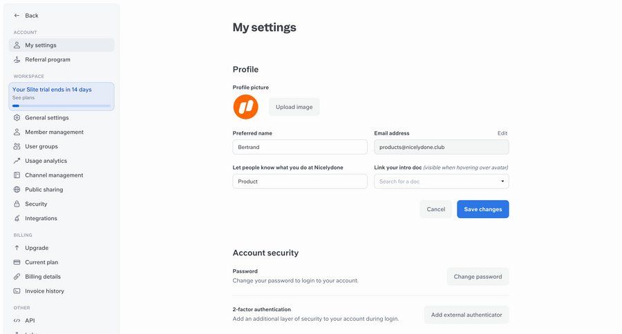Slite
			profile billing account settings workspace settings security settings settings sidebar navigation account management form account security profile settings user change password ui page example