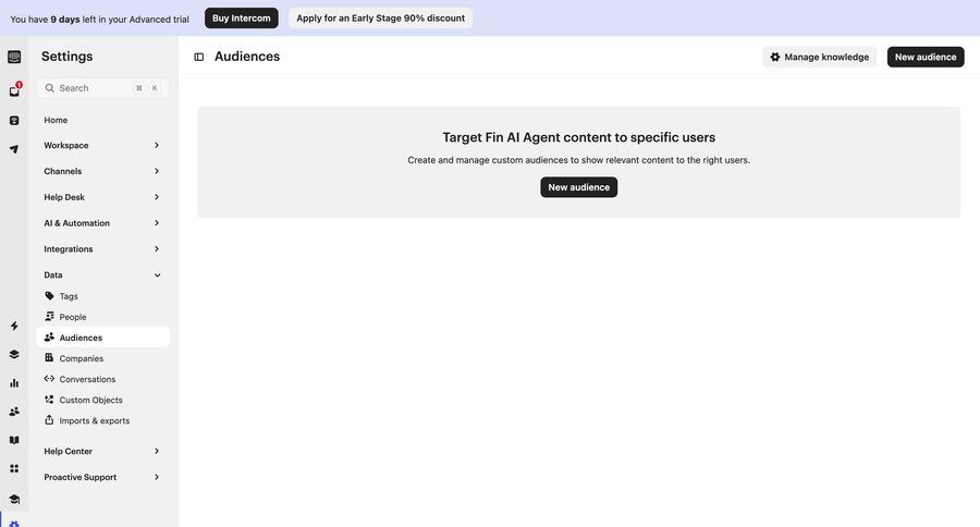 Intercom
			 data management configuration settings sidebar navigation user management audience management sidebar create menu ui page example