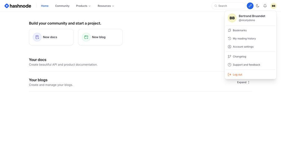 Hashnode
			 content management dashboard account management account setup user profile menu desktop documentation version history version control ui page example