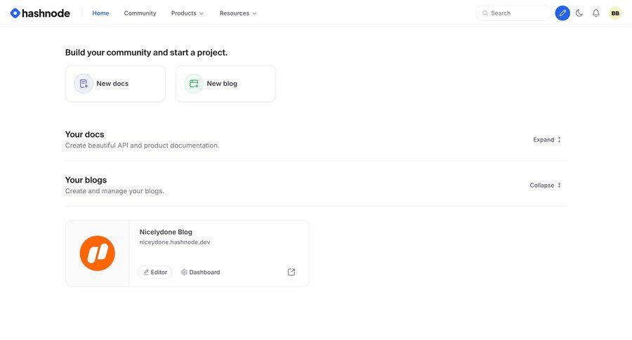 Hashnode
			 content management dashboard grid expandable sections document creation create navigation bar documentation version control ui page example