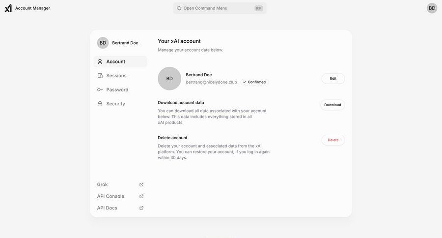Grok
			 settings sidebar navigation account management account setup user settings confirmation account settings account deletion full-screen layout call intelligence security user navigation menu user termination ui page example