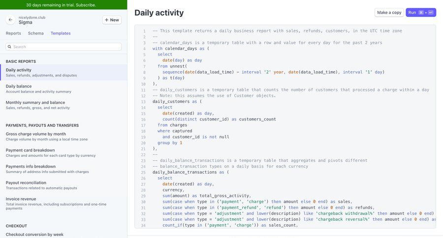 Stripe
			 e-commerce sidebar navigation data export finance data analysis template customization financial reporting trial checkout sidebar business intelligence checkout screen download report ui page example