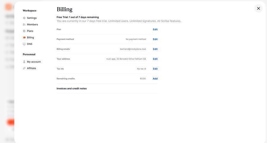 Scribe
			 settings sidebar navigation account management form automation account settings subscription management payment method trial checkout free trial billing history credits ui page example