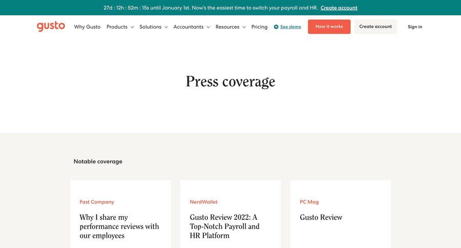 Gusto
			press announcement affiliate program interactive map pricing calculator press release rp ui page example