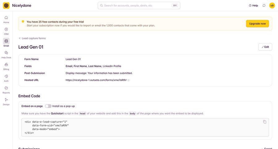 Outseta
			 configuration sidebar navigation form instructions alert table code snippet ui page example