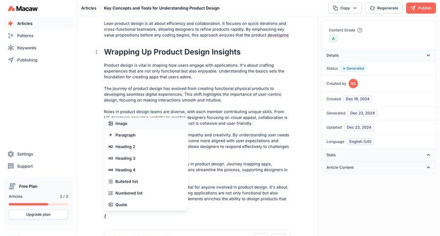 Macaw
			 content management collaboration sidebar navigation user feedback content blocks free plan insight information page detail view info view menu news article article feature article not found page not found progress bar ui page example