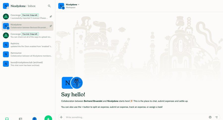 Expensify
			 collaboration sidebar navigation onboarding project collaboration inbox free trial sidebar alert message system notification push notification notification center communication chat interface check out conversational ui page example