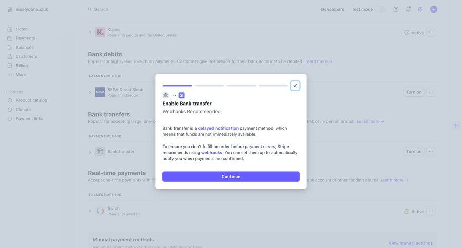 Stripe
			 modal screen configuration settings e-commerce sidebar navigation fintech progress indicator minimalist design payment method progress bar payment page modern pagination payment processing webhook integration ui page example