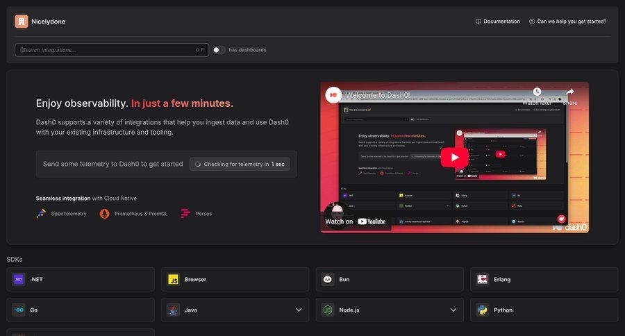 Dash0
			 dashboard grid onboarding documentation ui page example