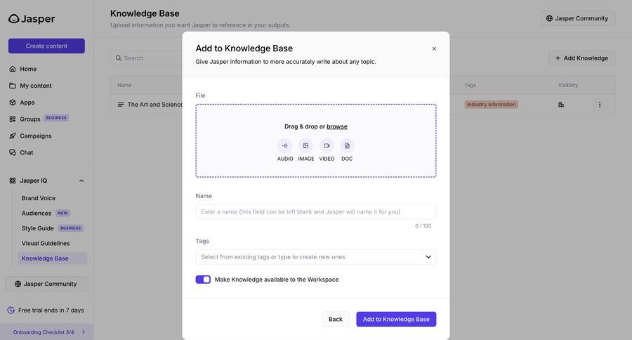 Jasper
			content editor upload knowledge content management artificial intelligence onboarding form file upload knowledge base drag and drop tagging sidebar ui page example
