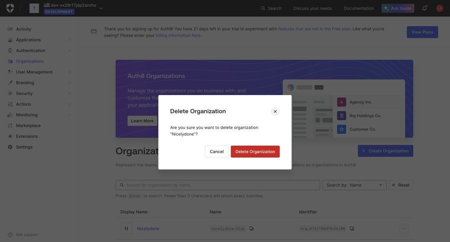 Auth0
			 settings sidebar navigation user management delete account setup organization management minimalist design cancel trial dropdown filters sidebar user user termination modern table organization settings ui page example