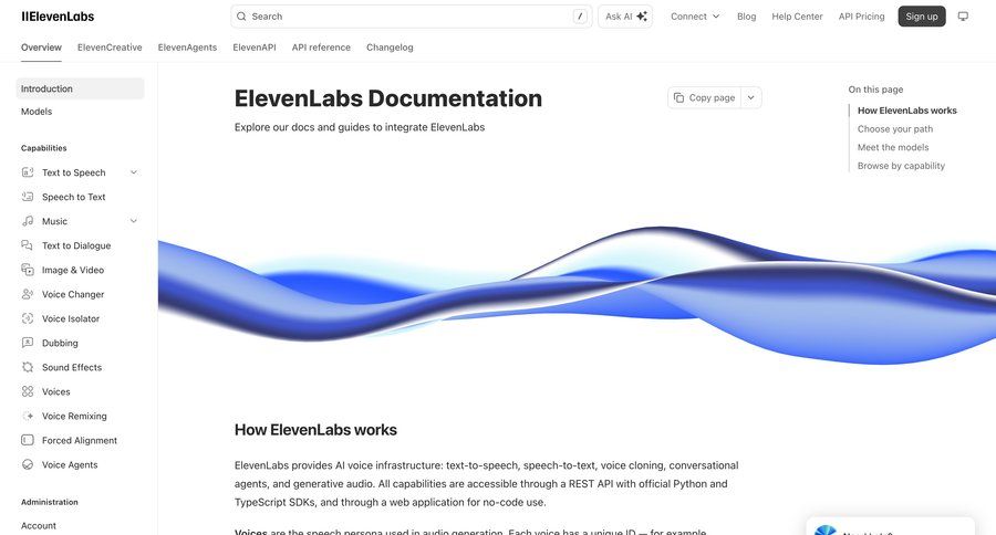 Elevenlabs
			 developer portal ui page example