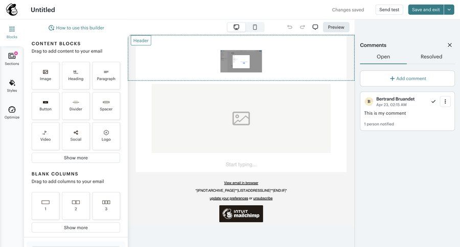 Mailchimp
			 drag and drop email marketing collaboration content blocks ui page example