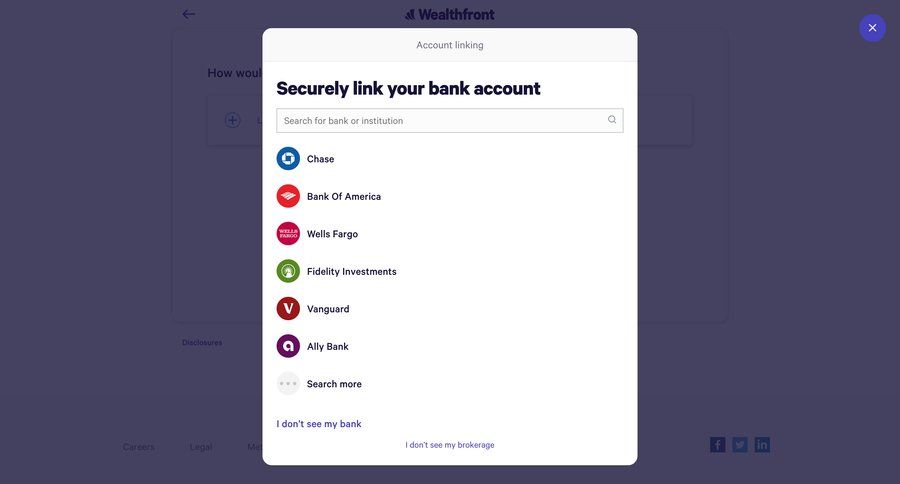 Wealthfront
			 modal screen account management form account setup fintech modal finance security ui page example
