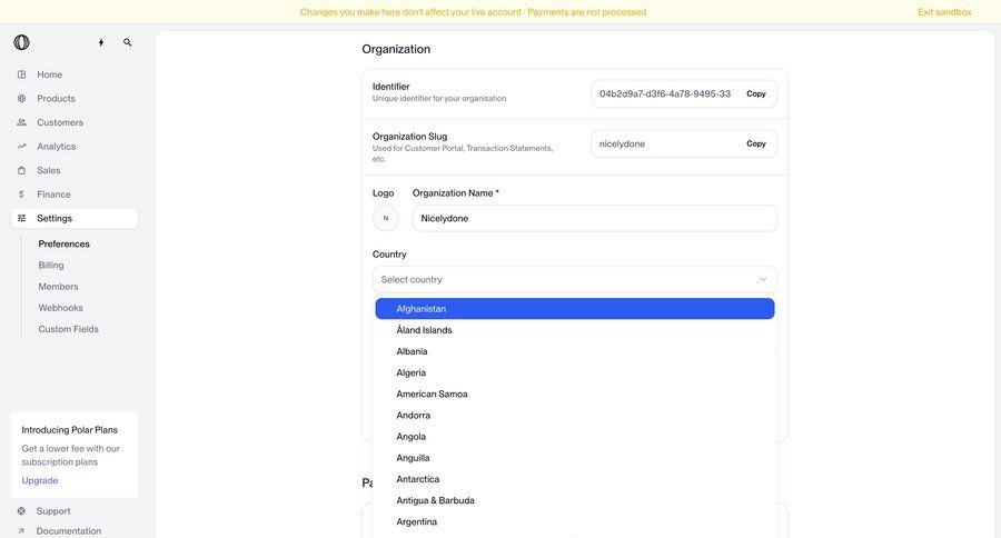 Polar
			 account settings organization settings ui page example