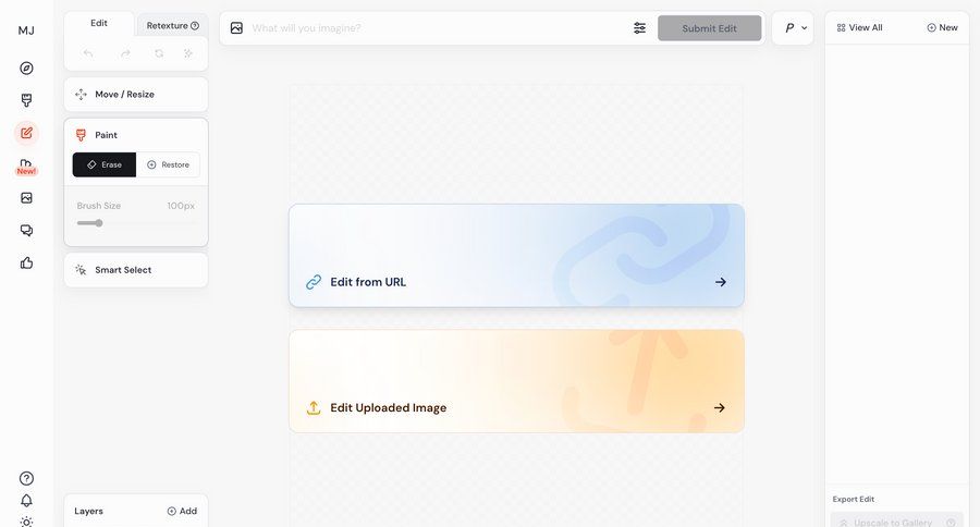 Midjourney
			 sidebar navigation grid editor export full-screen layout upload image sidebar ui page example