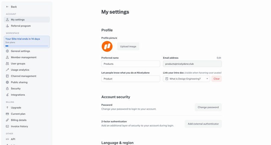 Slite
			 settings account management form account security user account upload image password management sidebar security change password ui page example
