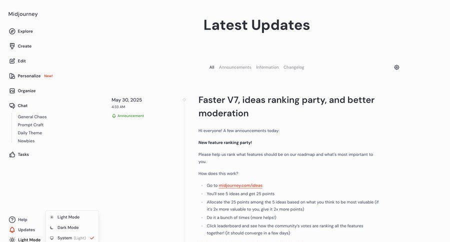 Midjourney
			 sidebar navigation artificial intelligence onboarding menu newsfeed blog post changelog ui page example