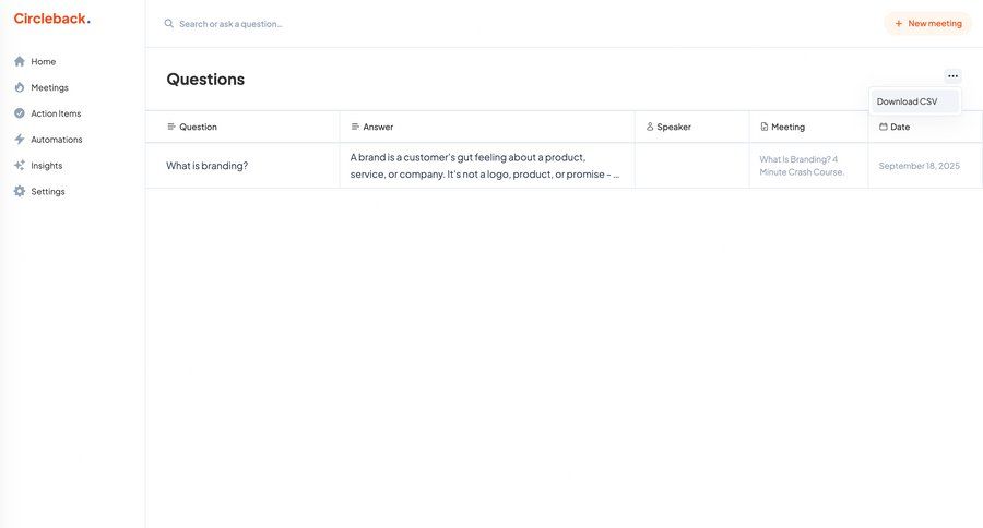 Circleback
			 sidebar navigation data export data display menu download table ui page example