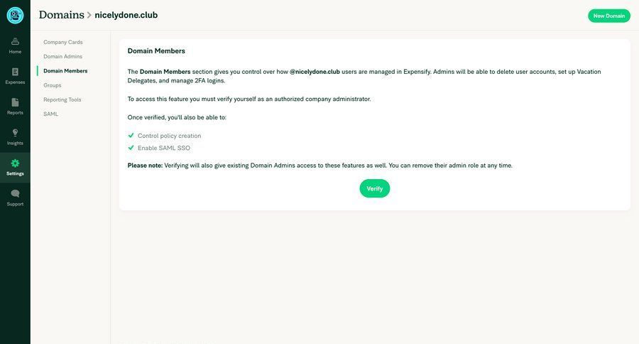 Expensify
			 authentication sidebar settings security user management sidebar navigation finance account setup configuration saml sso user access control note creation cards ui ui page example