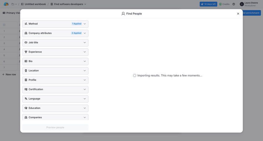 Clay
			 modal screen importing data search results ui page example