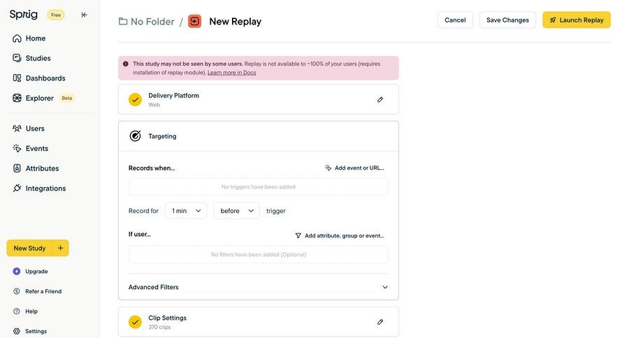 Sprig
			 configuration sidebar navigation form user research expandable sections sidebar alert new setup modern ui page example
